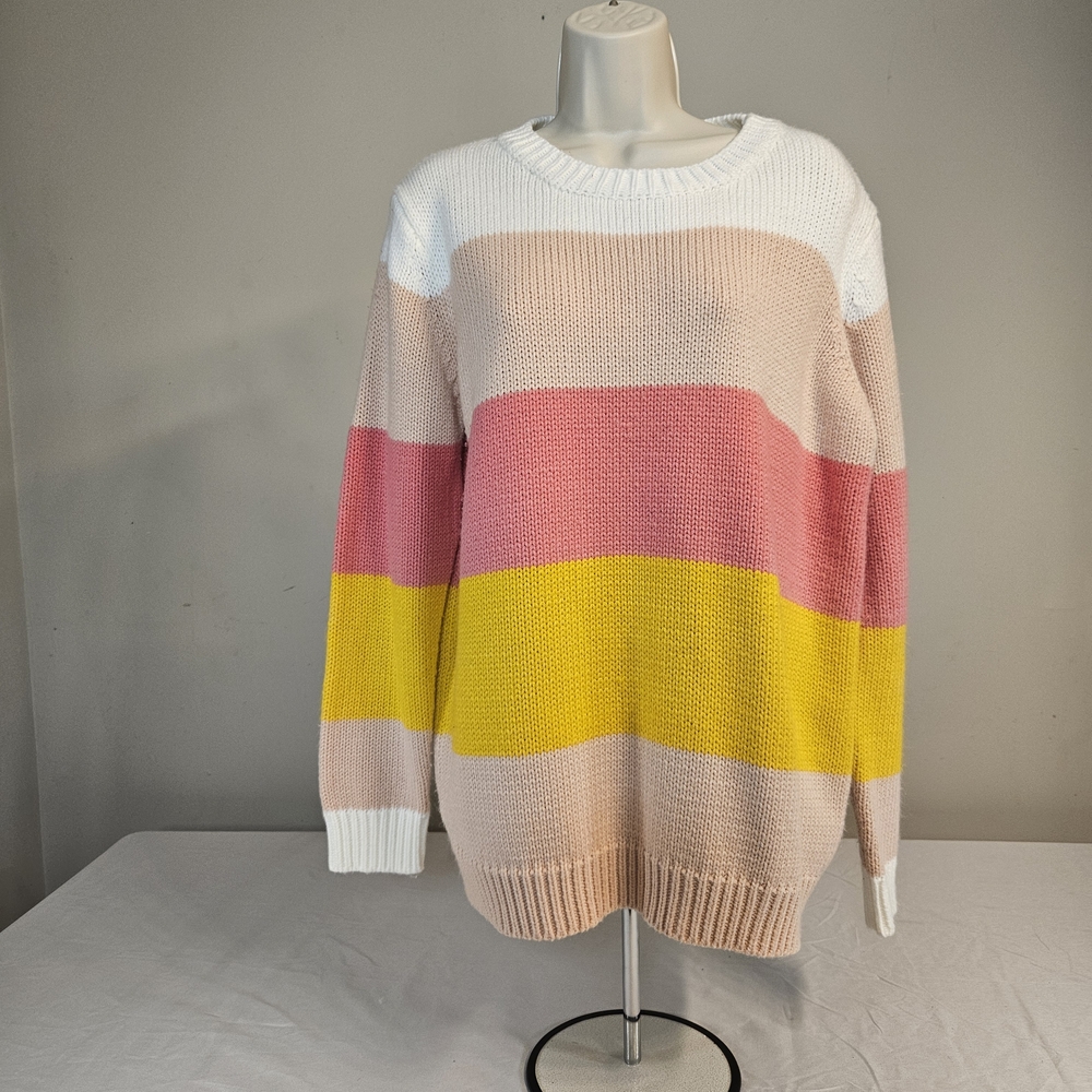 12 Pm By Mon Ami Striped Crewneck Sweater in White, Pink & Yellow